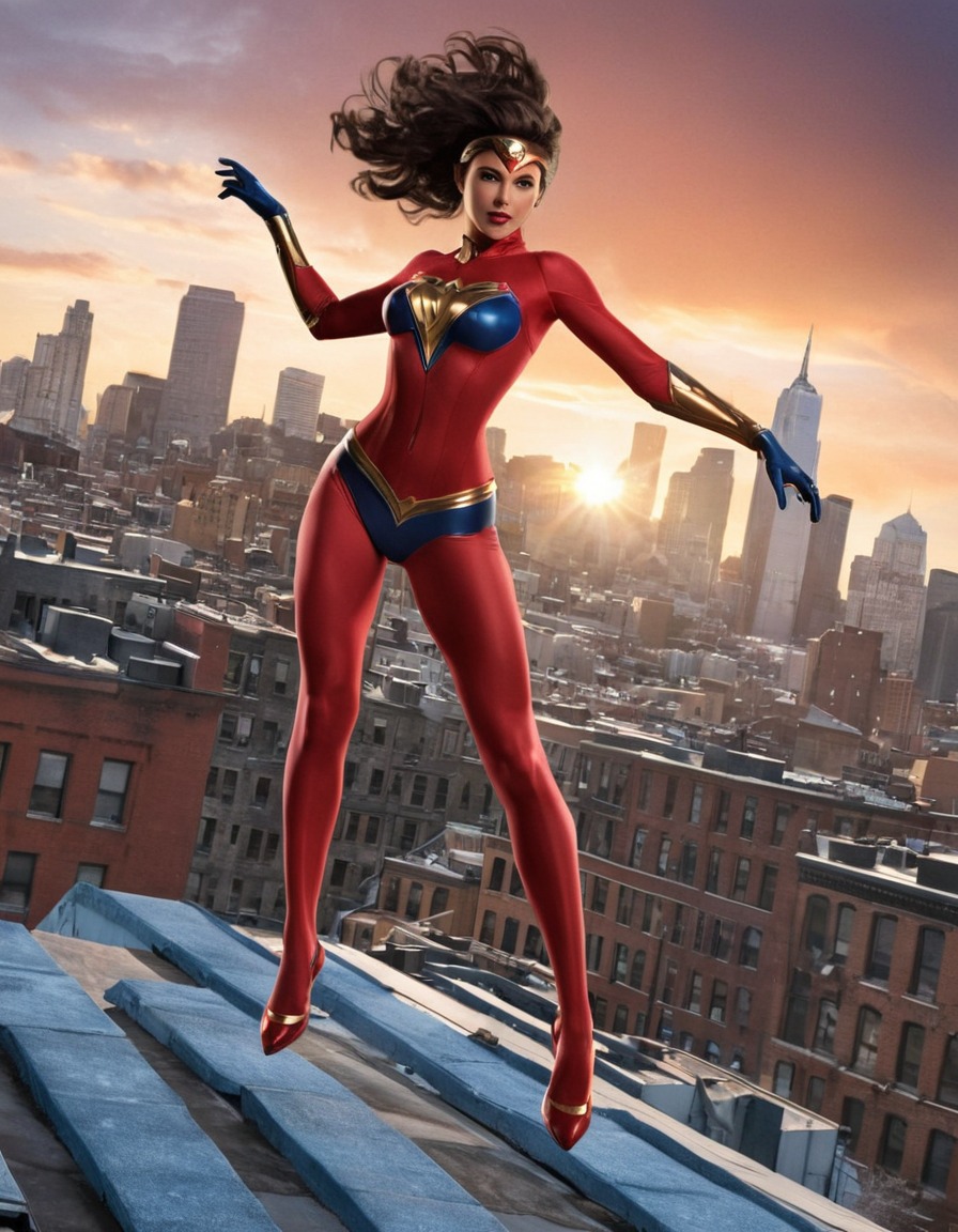 super heroine, rooftop, cityscape, action, adventure, heroism, superheroine, nsfw, sexy