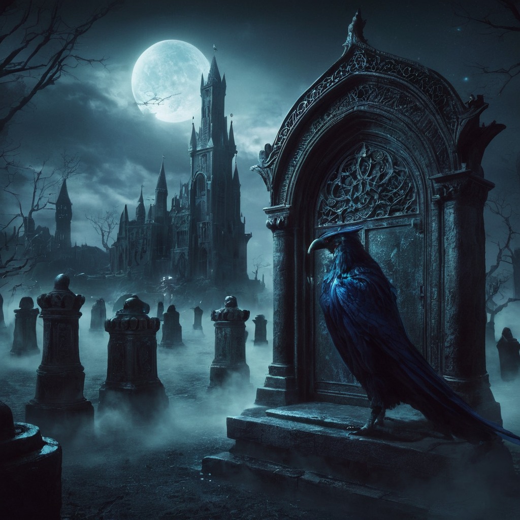 horror, gothic, spooky, cemetery, halloween, castle, fog, haunted, night, raven, tombstone