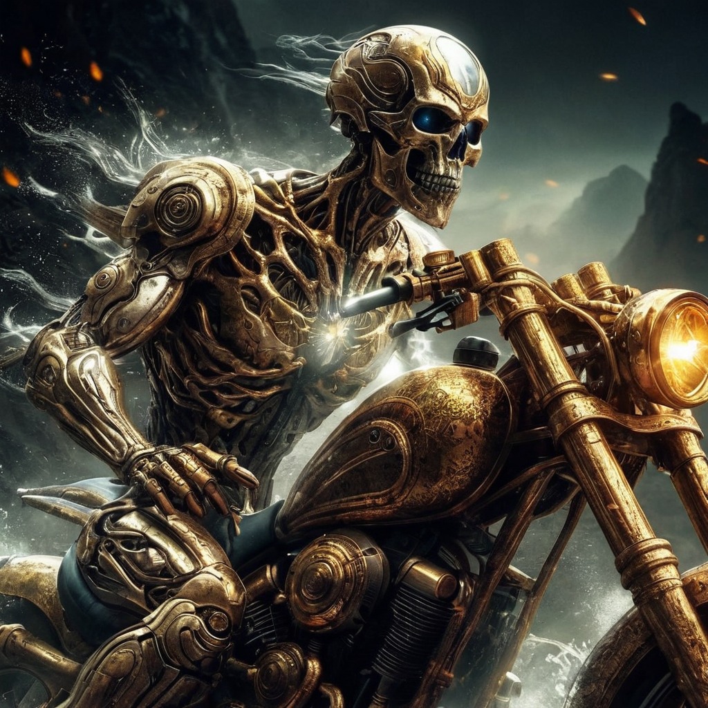 motorcycle, digitalart, horror, skull, apocalyptic, characterdesign, digitalpainting, portrait, warrior, spookyscaryskeletons