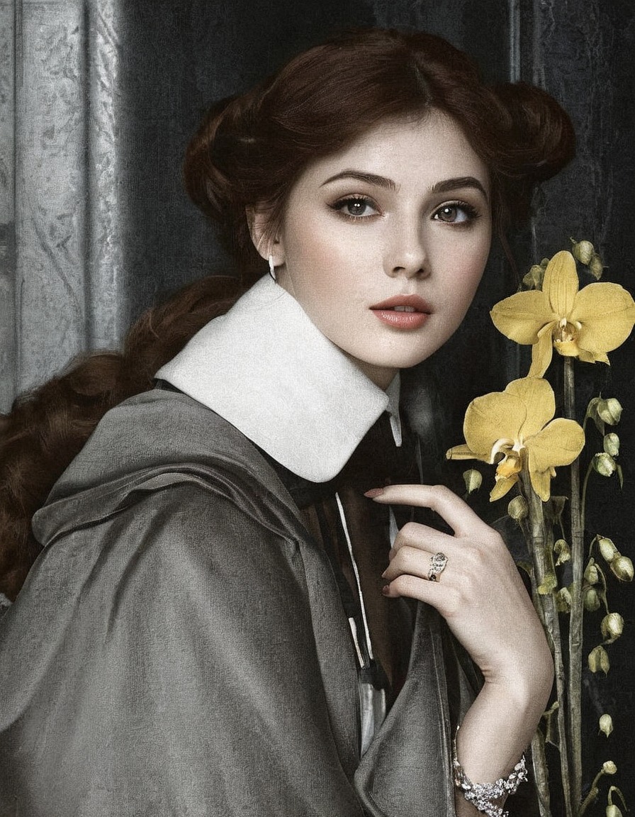 paintings, art, artwork, genre painting, female portrait, oskar zwintscher, fine art, german artist, portrait of a woman, flowers, daffodils, yellow flower, gray, grey, clothing, clothes, early 1900s, early 20th century, jewelry, jewellery, pale, eyes