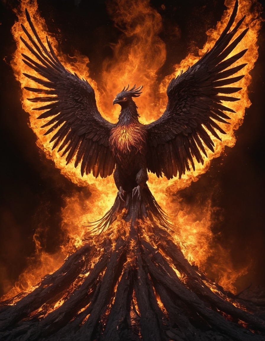 mythical creature, phoenix, rebirth, transformation, symbolism, fantasy, legend