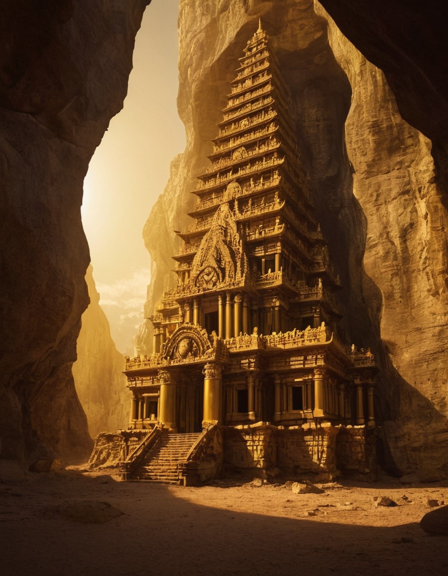 mystical, temple, cliff face, golden light, marvel, religious site