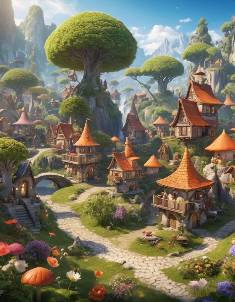 fantasy, village, gnome, tiny, harmony, nature, fantastic