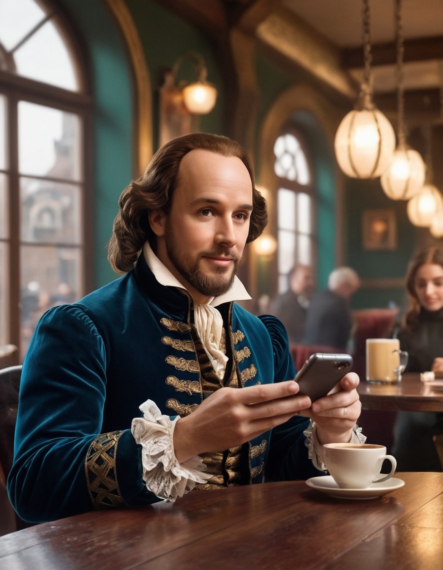 william shakespeare, texting, smartphone, cafe, communication, modern technology