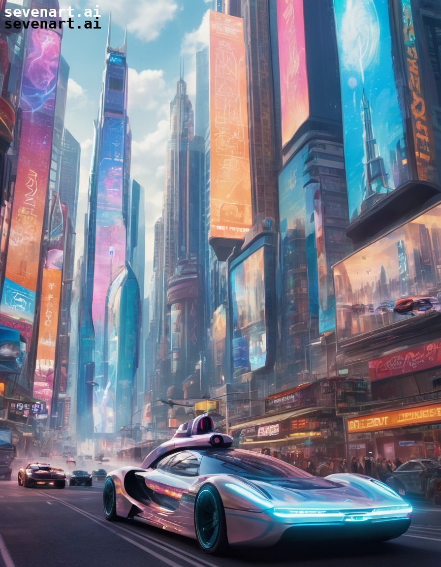 futuristic, cityscape, skyscrapers, holographic advertisements, hovercars, future