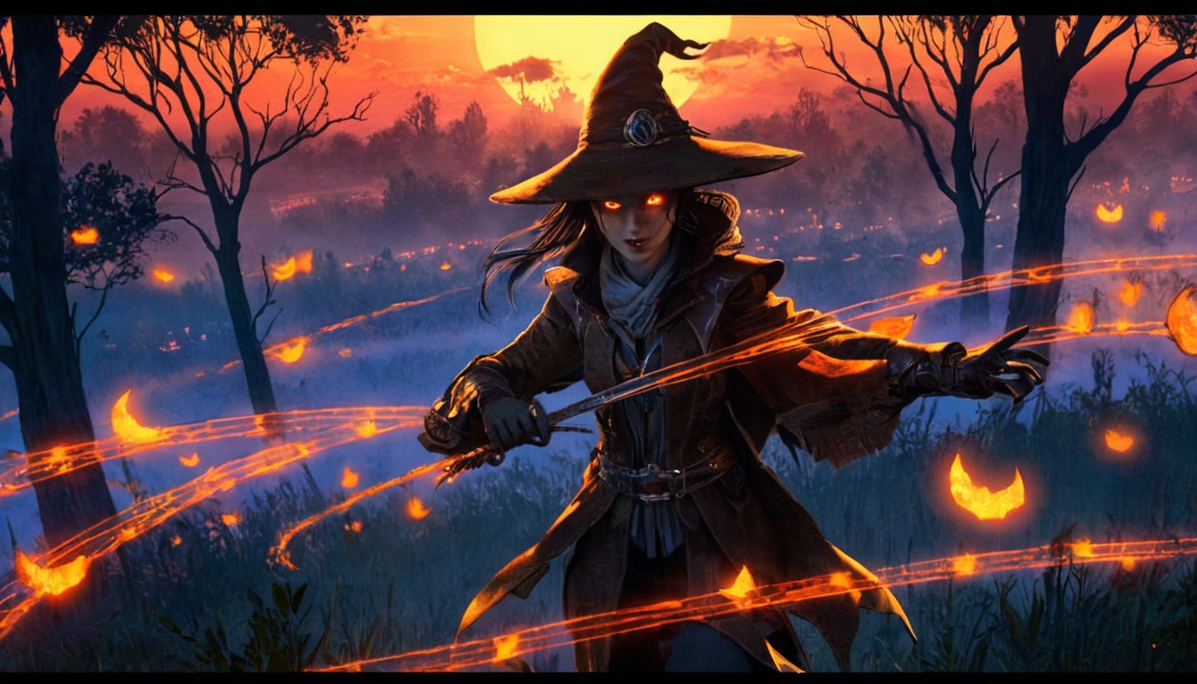 digitalart, videogamefanart, magic, horror, spooky, halloween, cartoon, wallpaper, characterdesign, fantasyart, witch, spirit, anime, fanart, burntorange