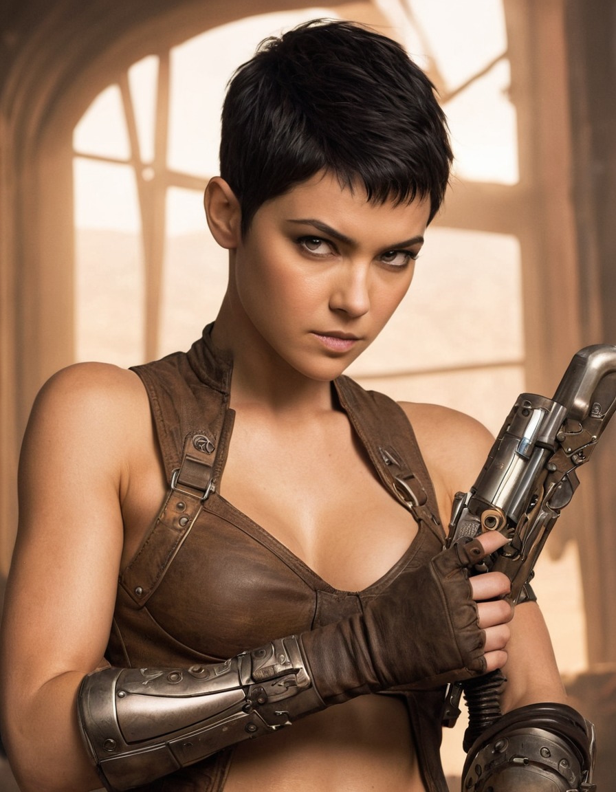 furiosa, mechanical arm, fixing, sultry gaze, mad max