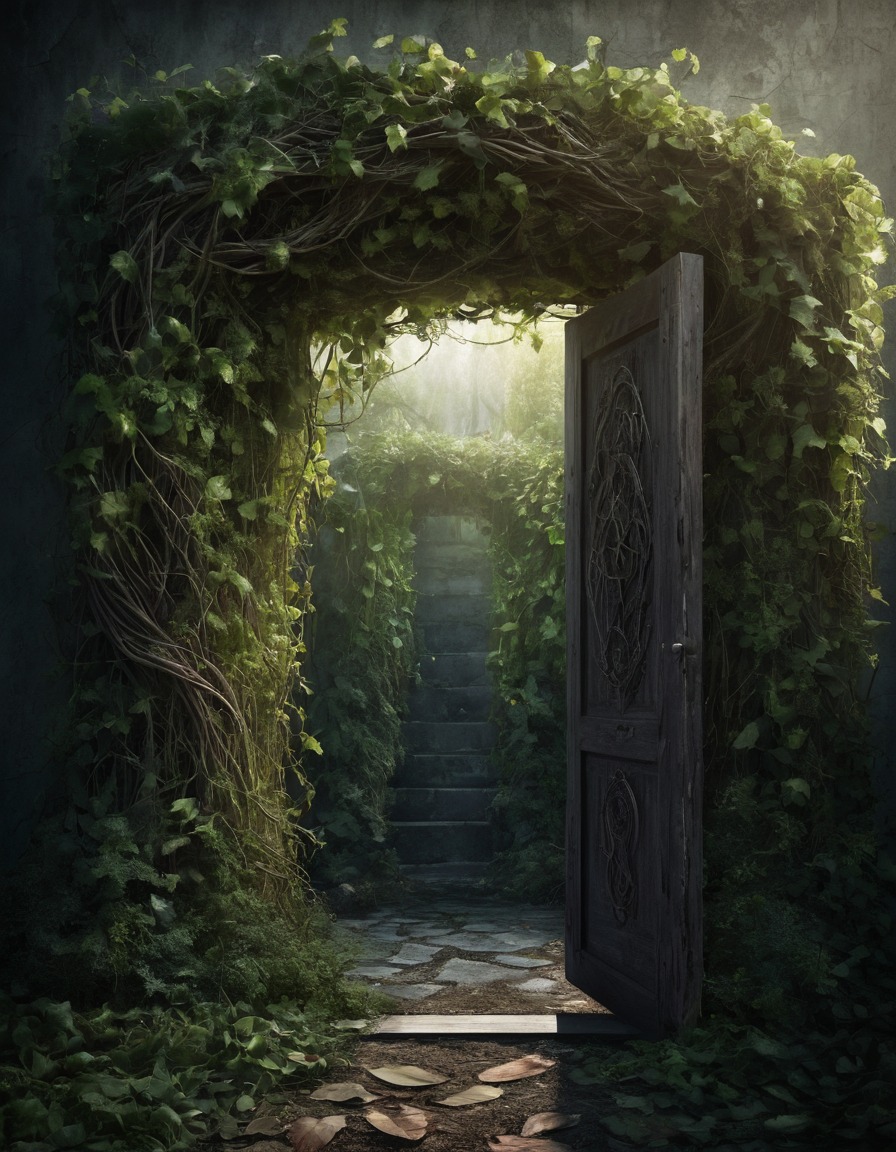 mystical garden, vines, doorway, fantasy, enchanted, nature, magical