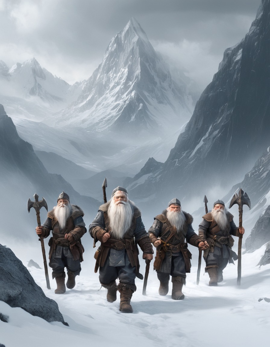 fantasy, adventure, dwarves, mountains, snow, john tolkien, tolkien