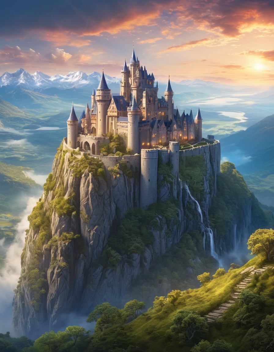 castle, mountain, valley, enchanted, landscape, fantastic