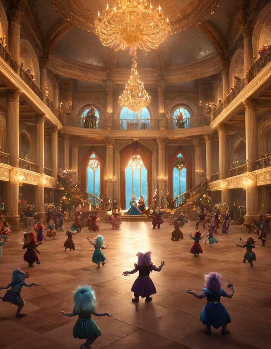 trolls, dwarves, enchanted instruments, grand ballroom, fantasy scene, lively music, dance