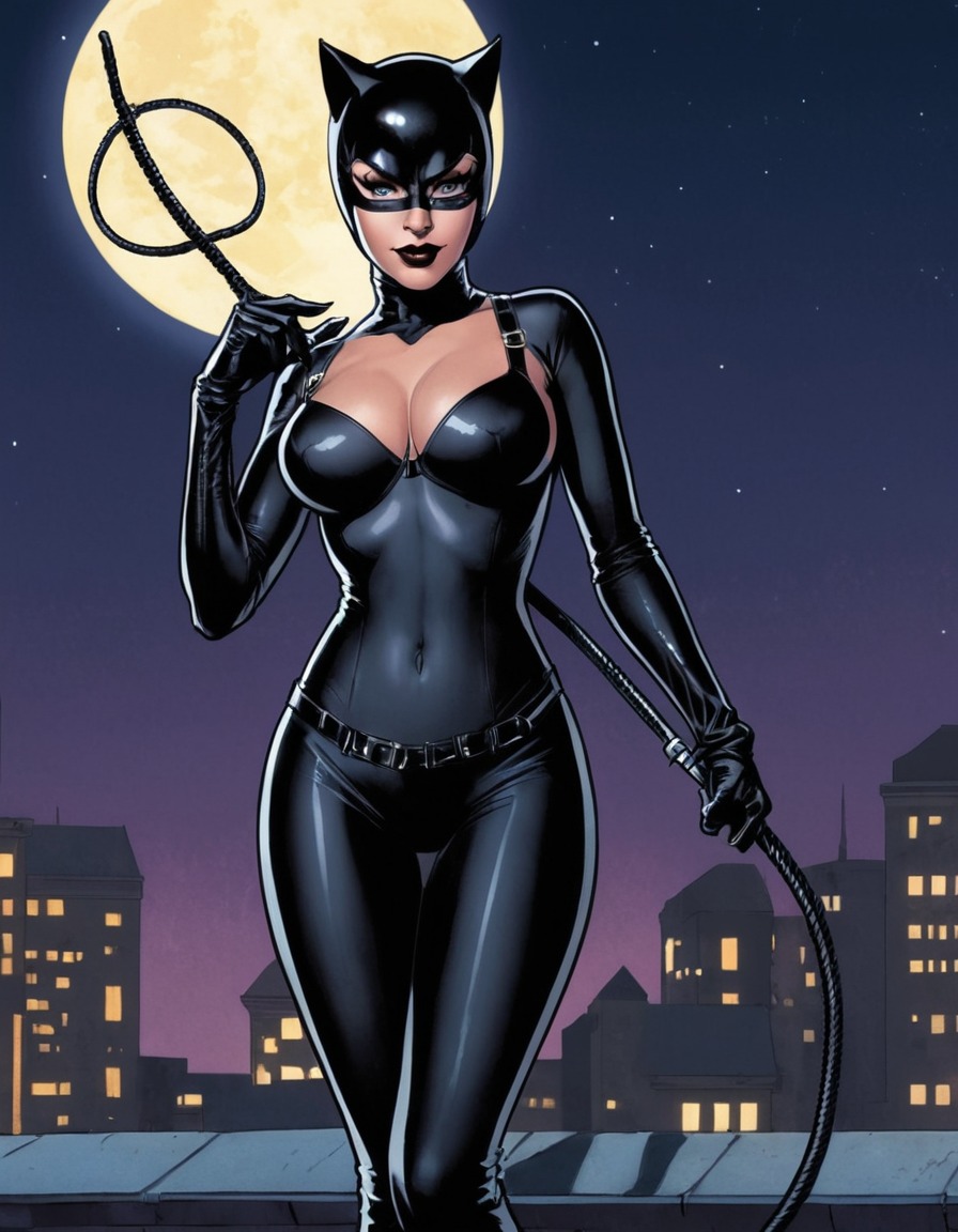 catwoman, superhero, gotham city, night, rooftop, seductive, woman, whip, sexy, painted