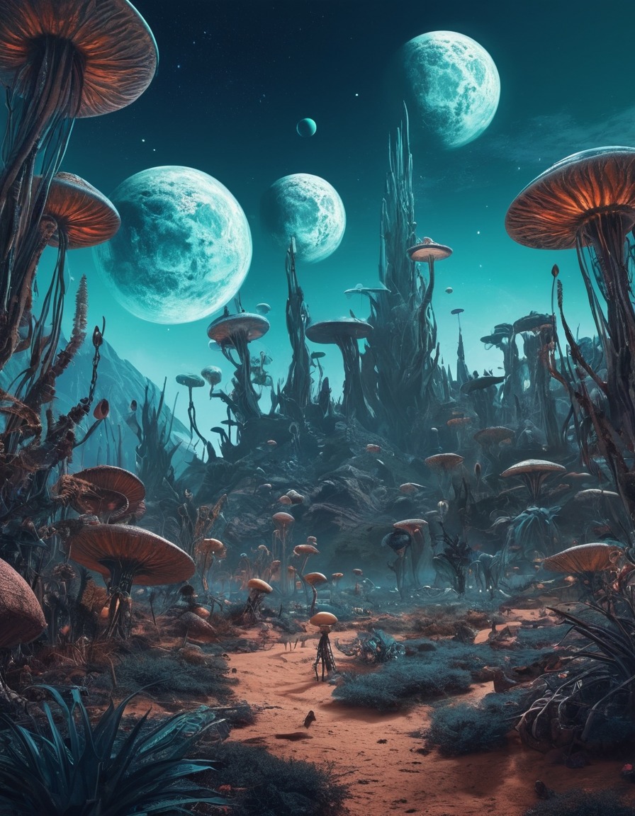 alien world, strange plants, unknown creatures, multiple moons, fantasy landscape, fantastic