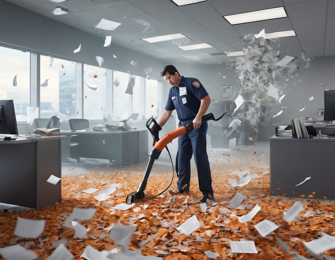 janitor, leaf blower, chaos, office, accident, fun, people