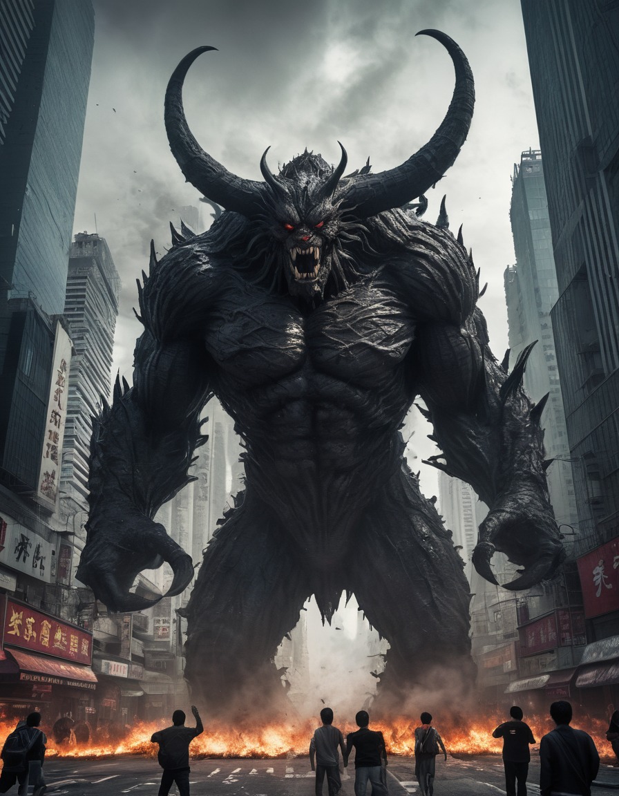 monster, giant, rampage, destruction, beijing, skyscrapers