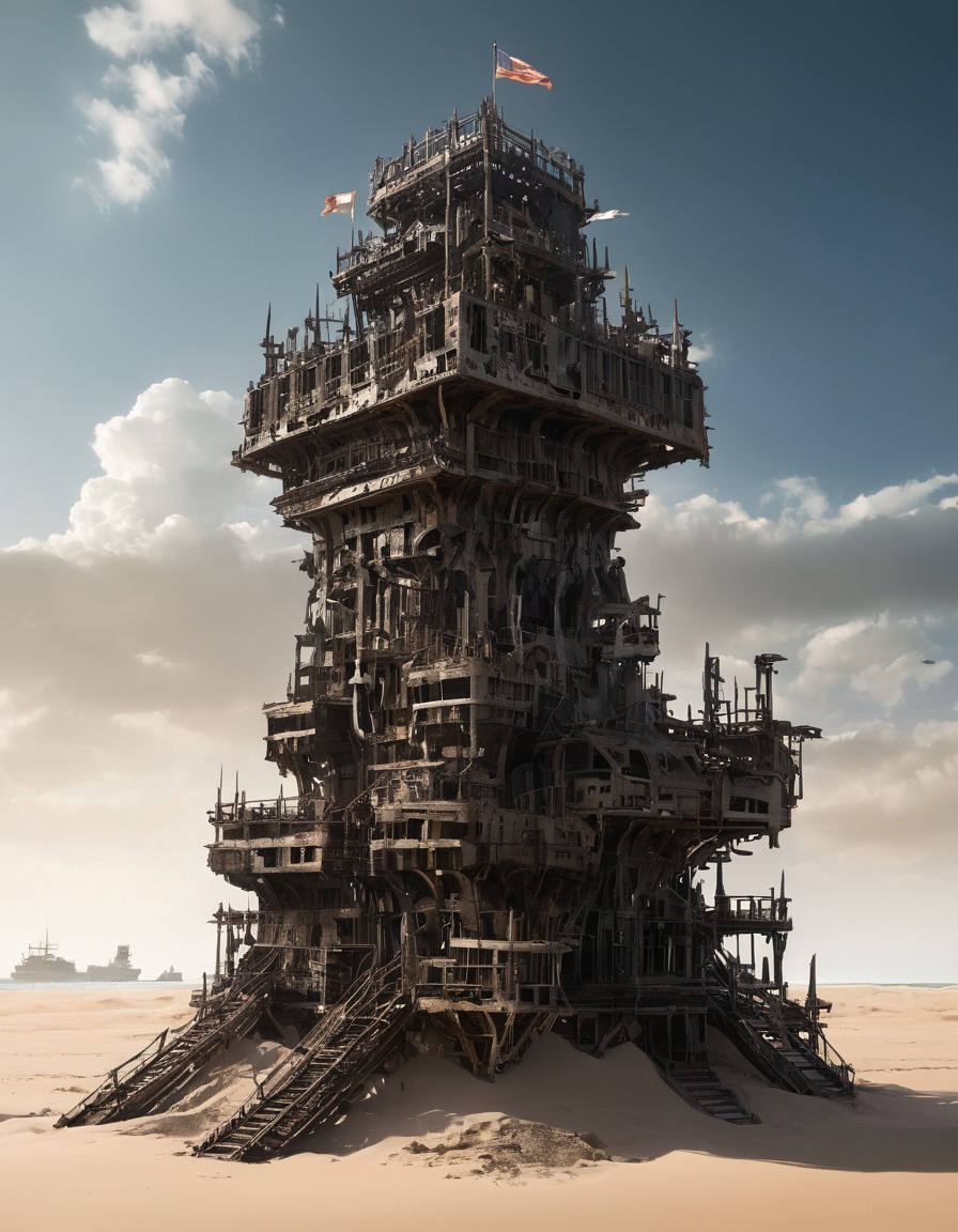 fortress, scrap metal, sand, desert landscape, mad max