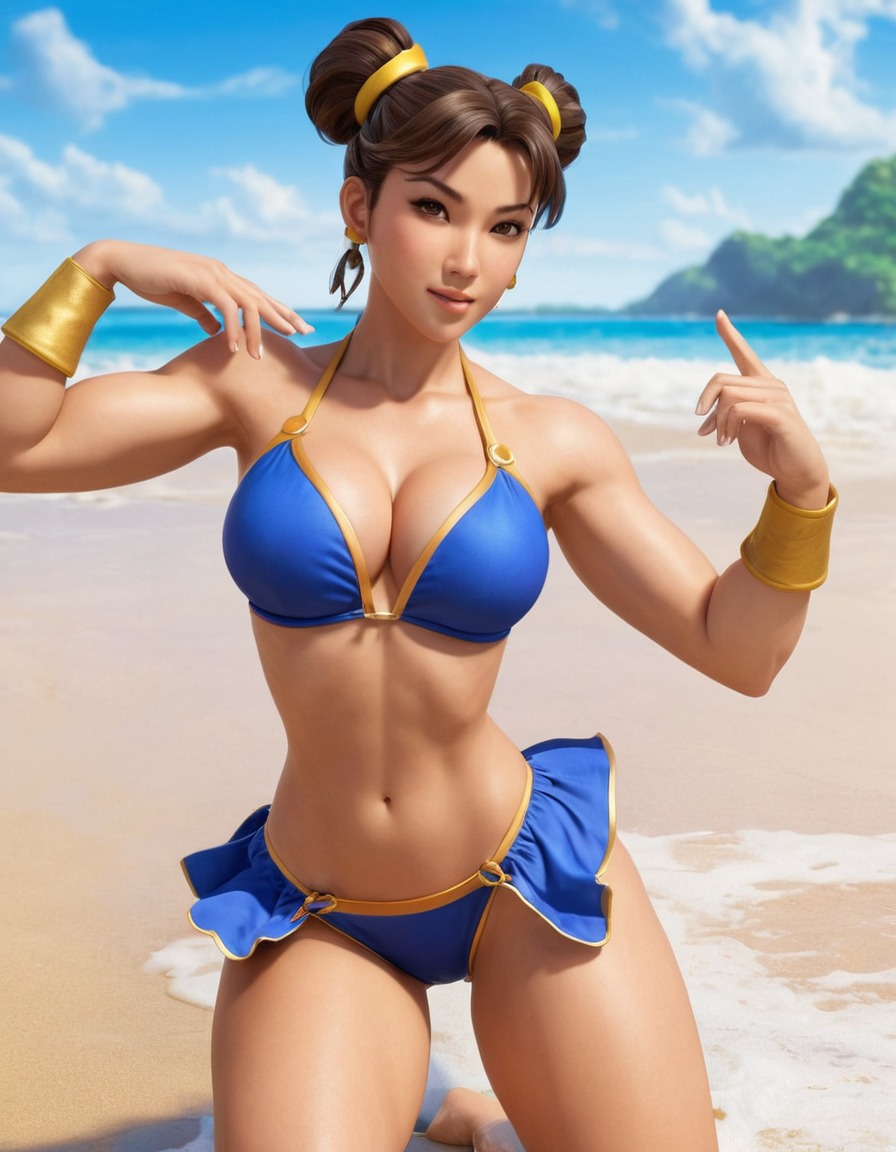 chun-li, street fighter, video game, beach, bikini, summer, games, girls from games