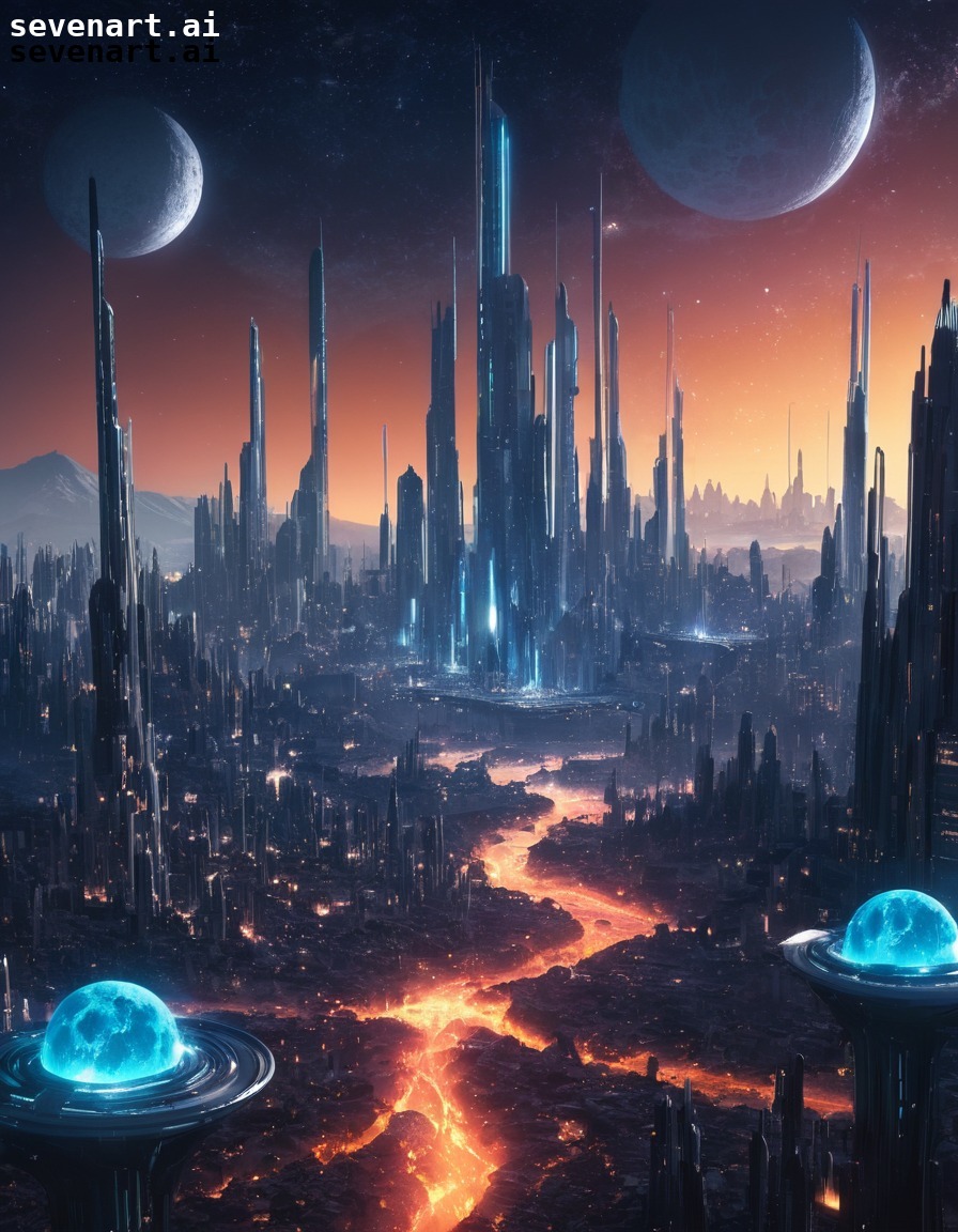 futuristic city, multiple moons, shooting stars, sci-fi, futuristic landscape, space, stars