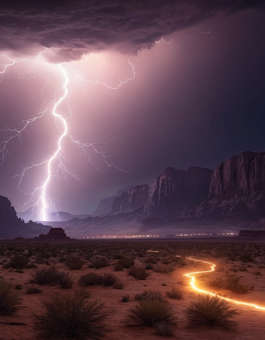 lightning storm, night sky, desert landscape, nature, dramatic scenery