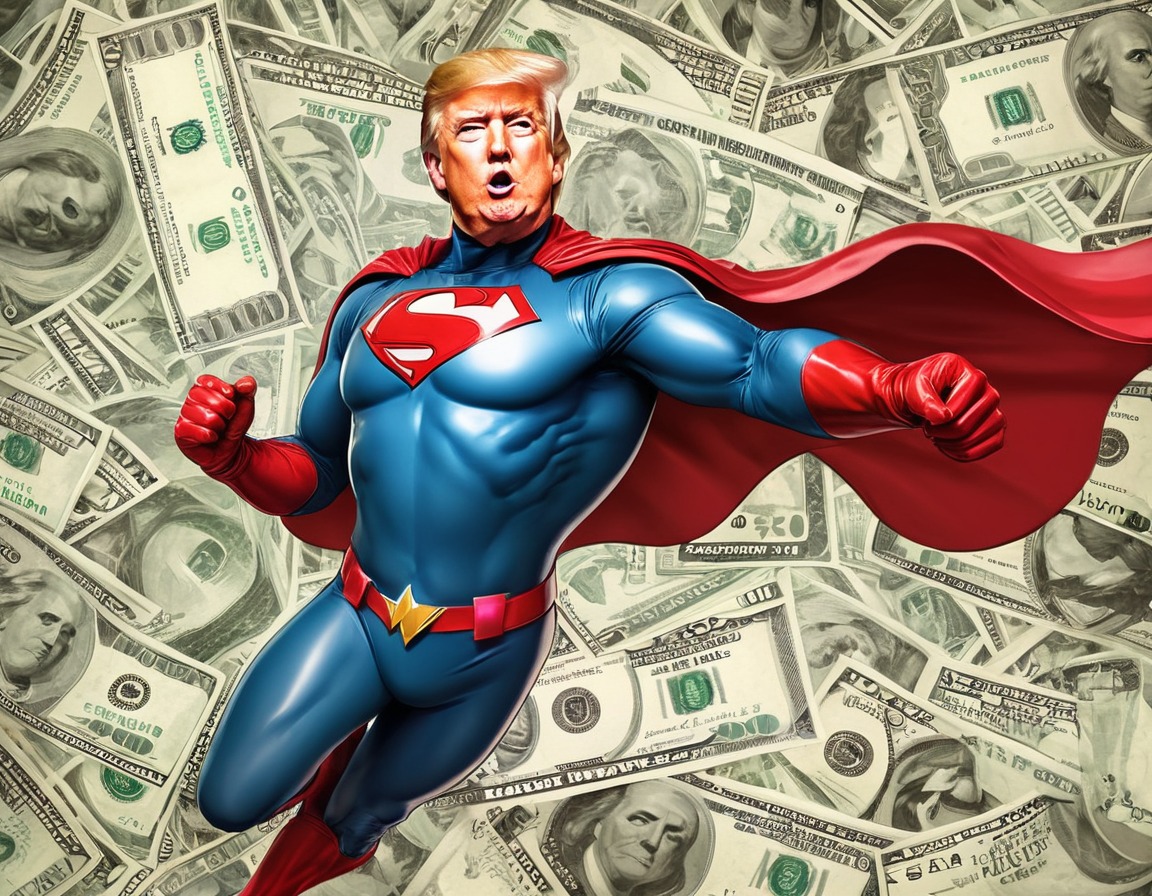 caricature, whimsical, superhero, donald trump, dollar bills, trump, donaldtrump