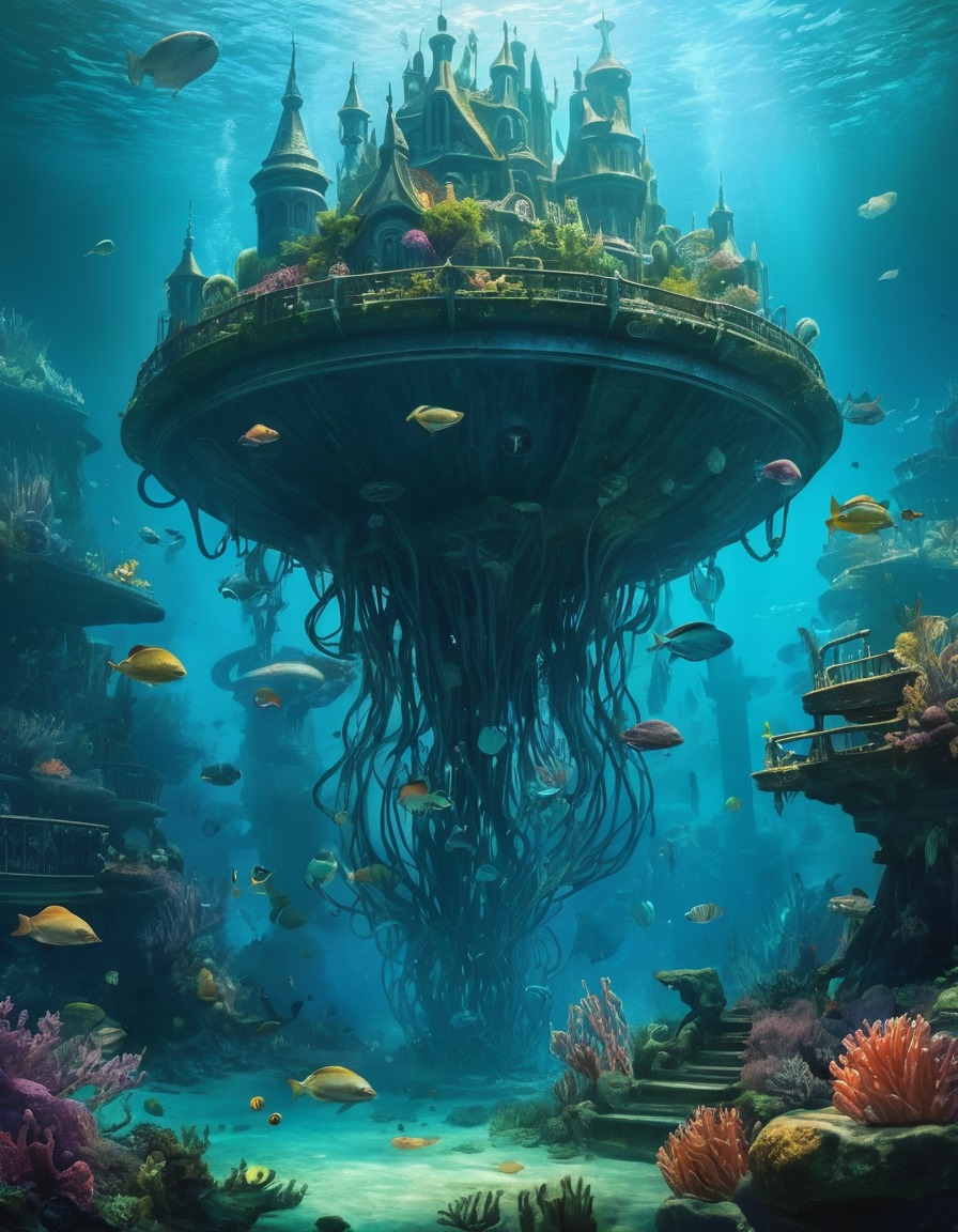 underwater city, lovecraftian horror, sea creatures, fantasy landscape, lovecraft, howard lovecraft