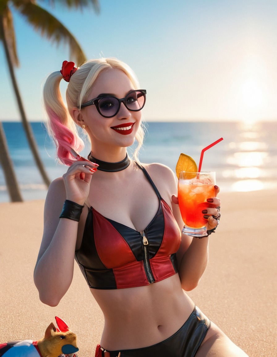 harley quinn, beach, cocktail, relaxation, fun, superhero, superheroine, bikini