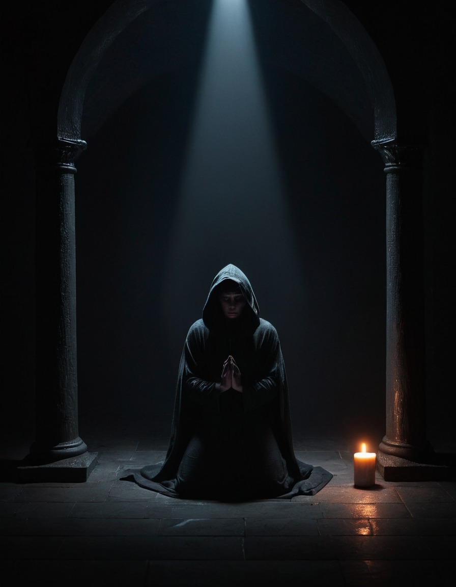 hooded figure, candlelight, dark chamber, mysterious, fantasy, gothic, underground, dark