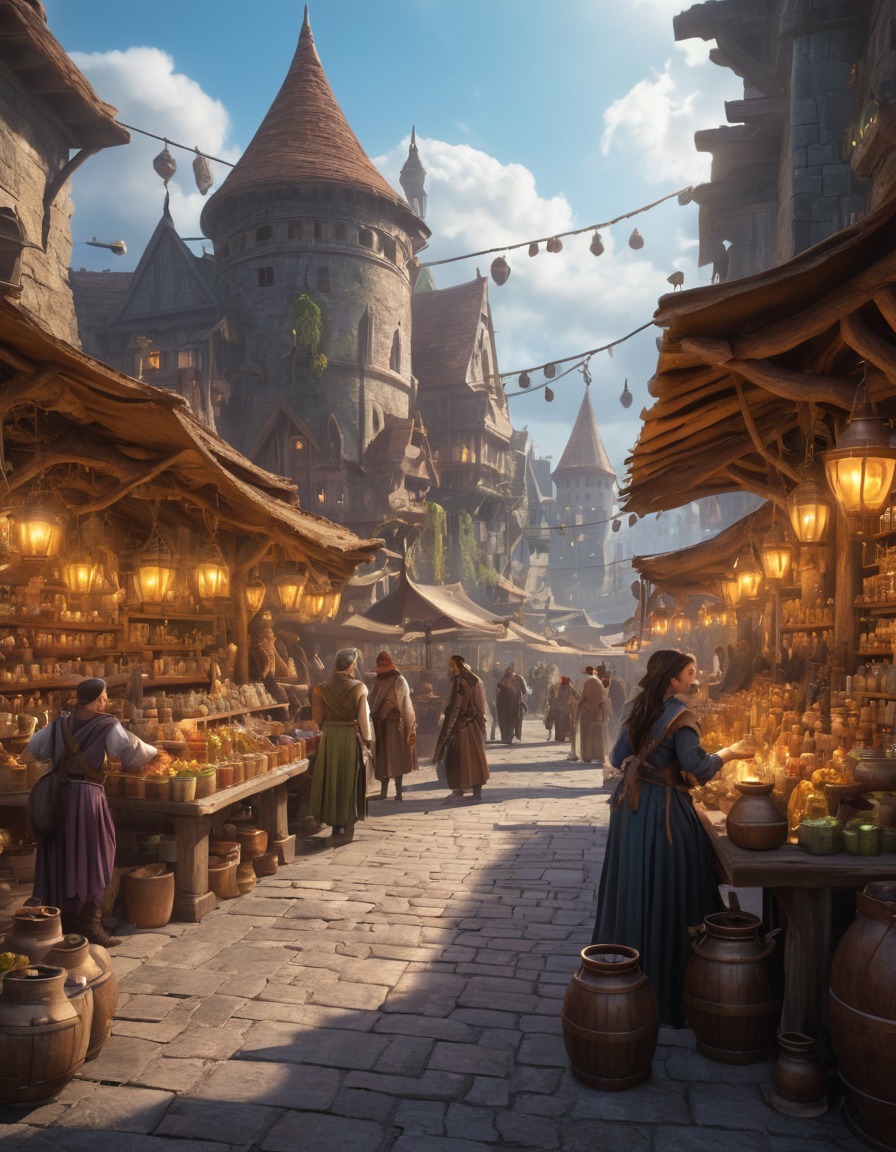 marketplace, potion sellers, spellcasters, mythical creatures, fantasy, magical, enchanting