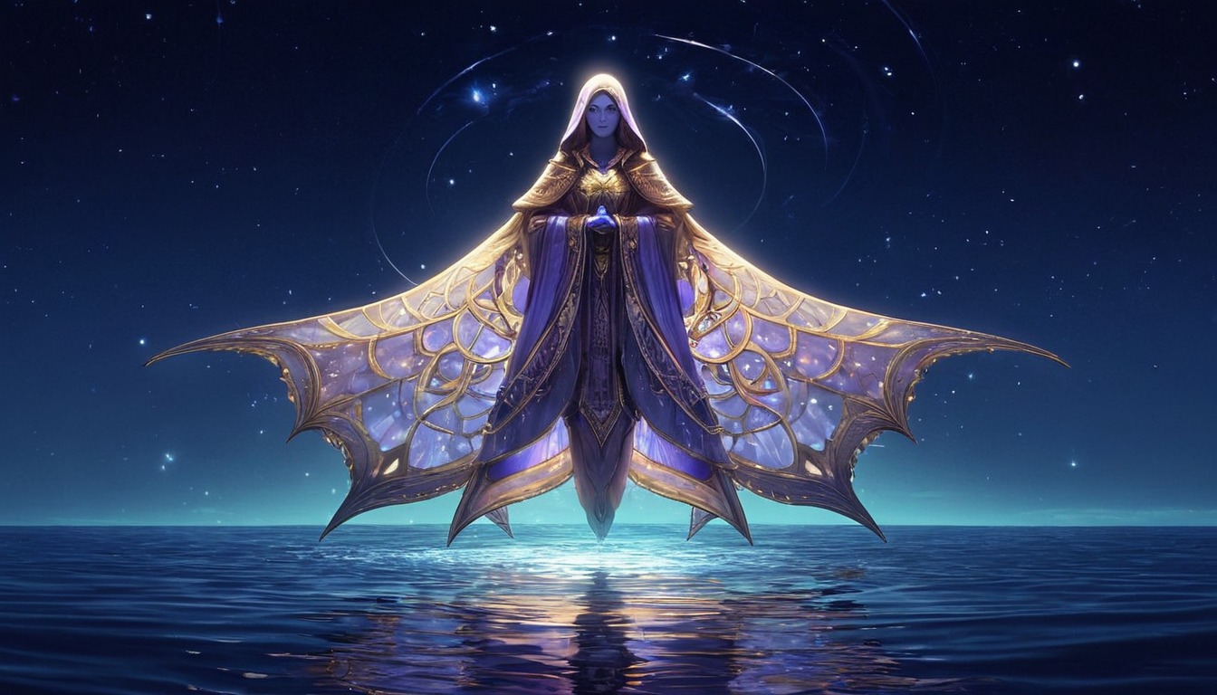 digitalart, character, cloak, dalle3, dnd, fantasy, figure, intricate, landscape, luminescent, manta, ocean, rpg, serene, slender, wings, aiart, cloakwork