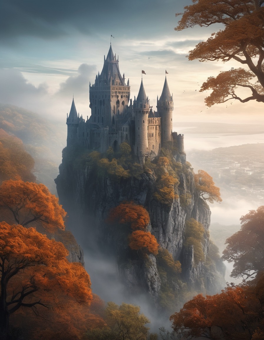 castle, cliff, mist, ancient, oak trees, architecture