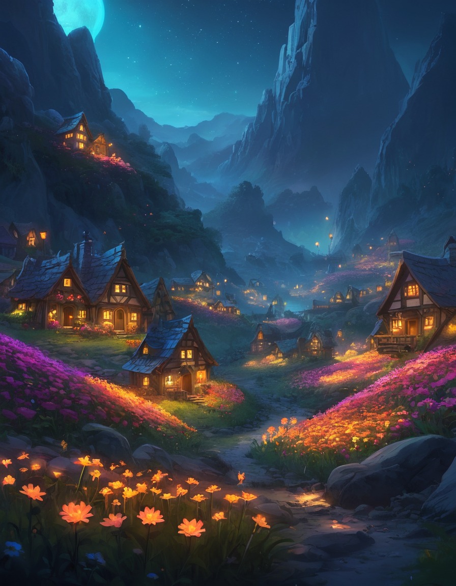 fantasy, village, sprites, flowers, hidden valley, fantastic