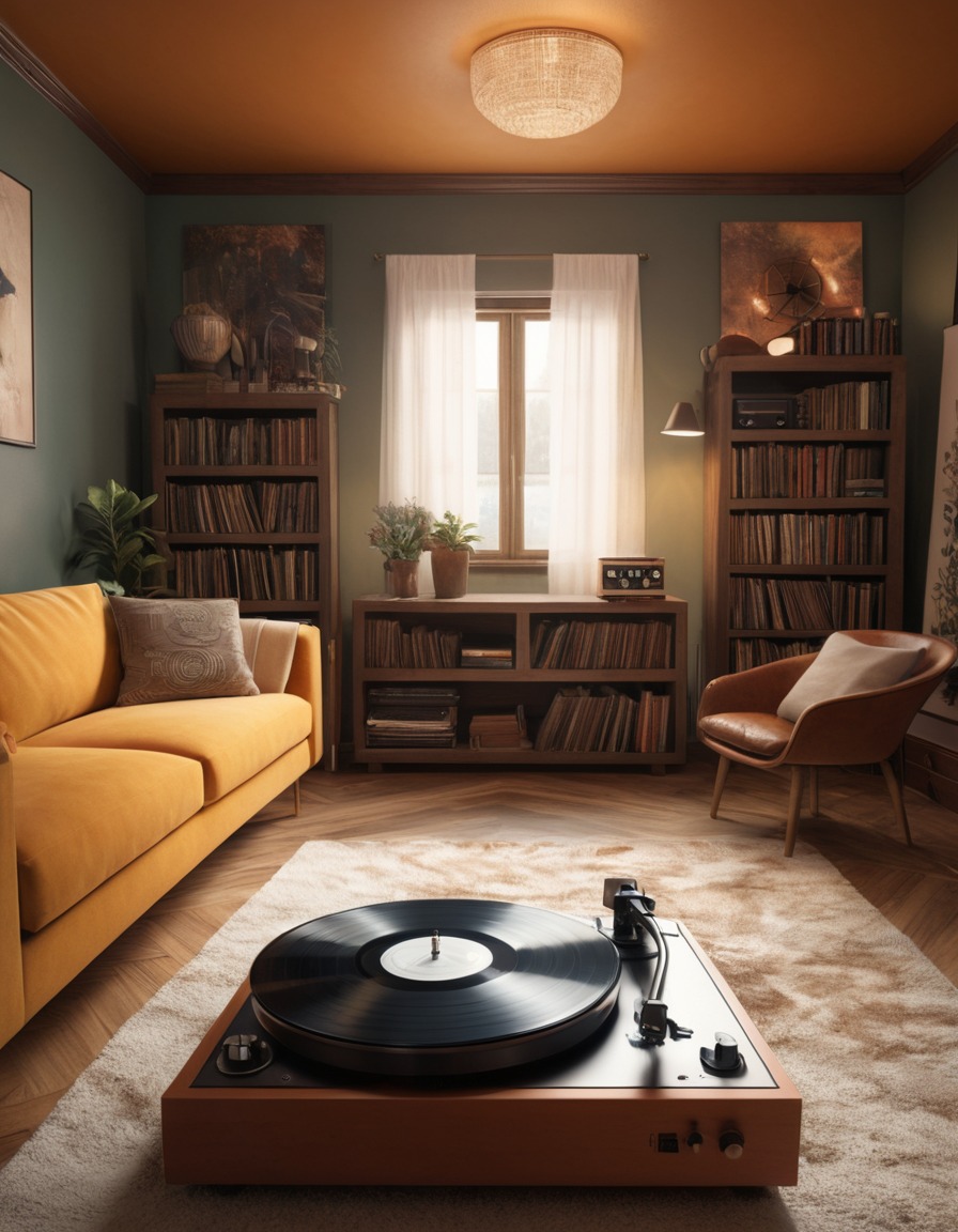 living room, cozy, vintage, vinyl records, turntable