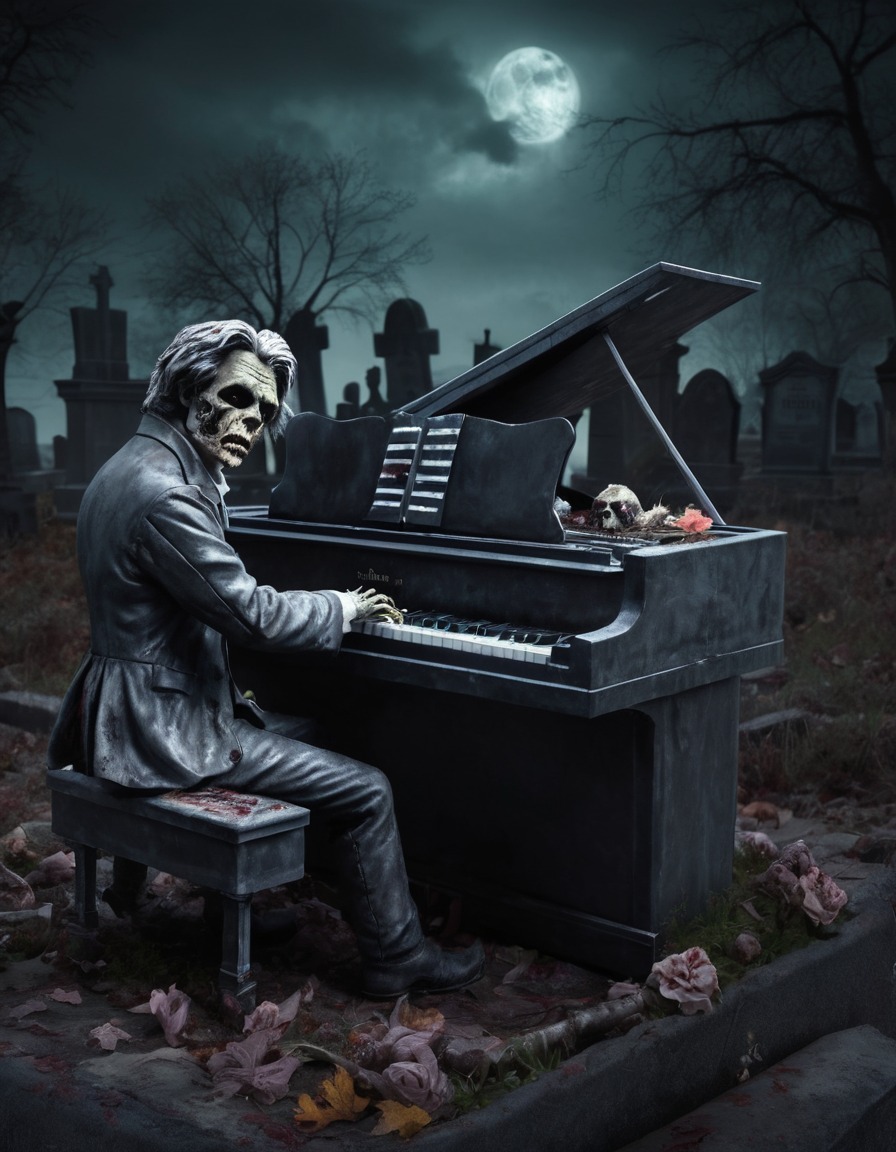 beethoven, zombie, piano, graveyard, spooky