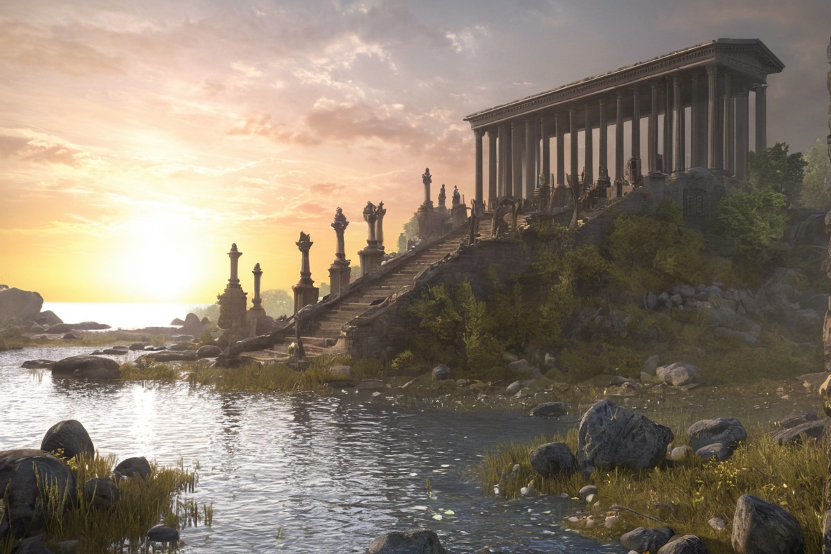 3dmodel, 3dmodeling, castle, cgi, environment, fantasy, greek, landscape, mons, render, rendering, river, rome, sea, sunset, temple, marcmons, fantasyenvironment