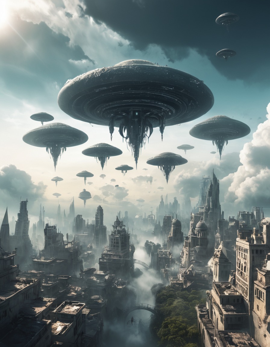 otherworldly, cityscape, floating, clouds, alien wildlife, extraterrestrial, aliens