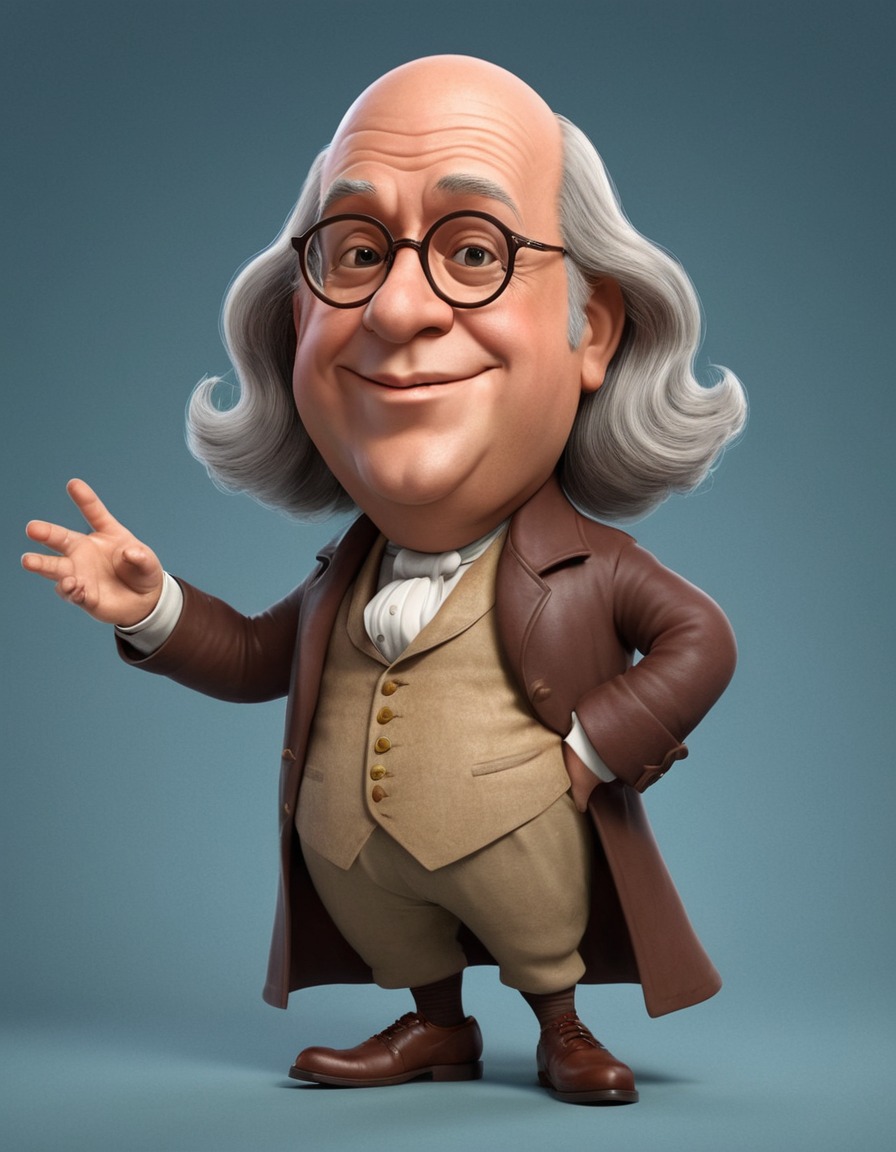 caricature, benjamin franklin, humor, exaggerated features, whimsical expression, funny