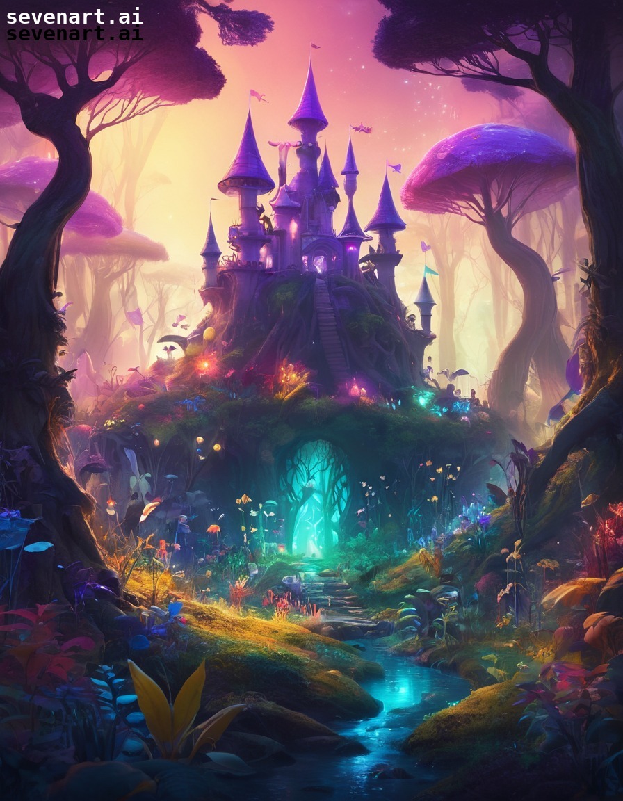 enchanted forest, colorful creatures, glowing plants, magical, whimsical