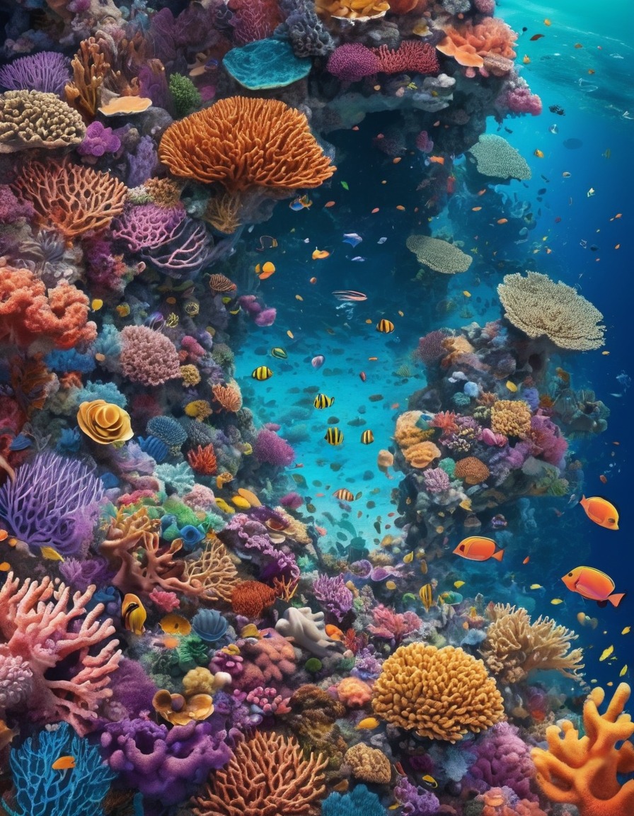 marine life, vibrant colors, coral reef, aerial view, underwater landscape