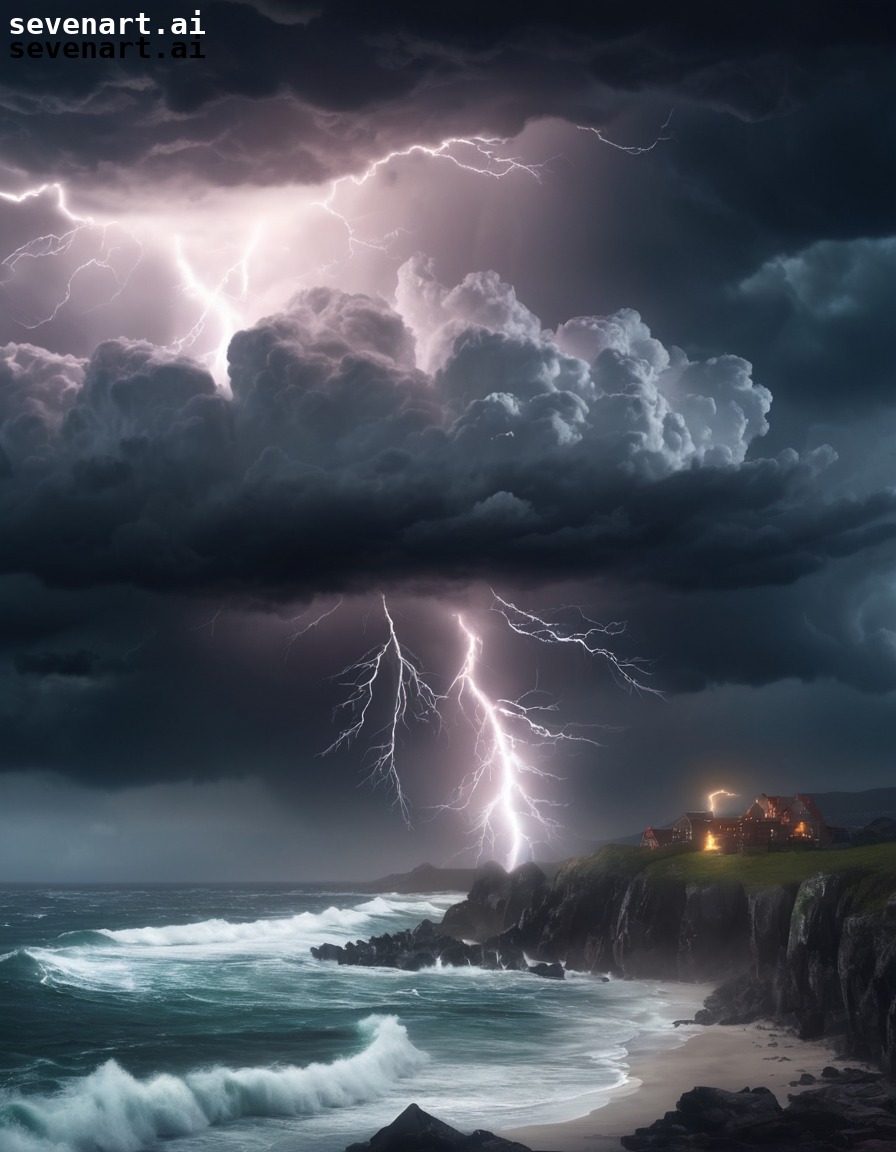 storm, thunderstorm, coastline, dark clouds, lightning, nature