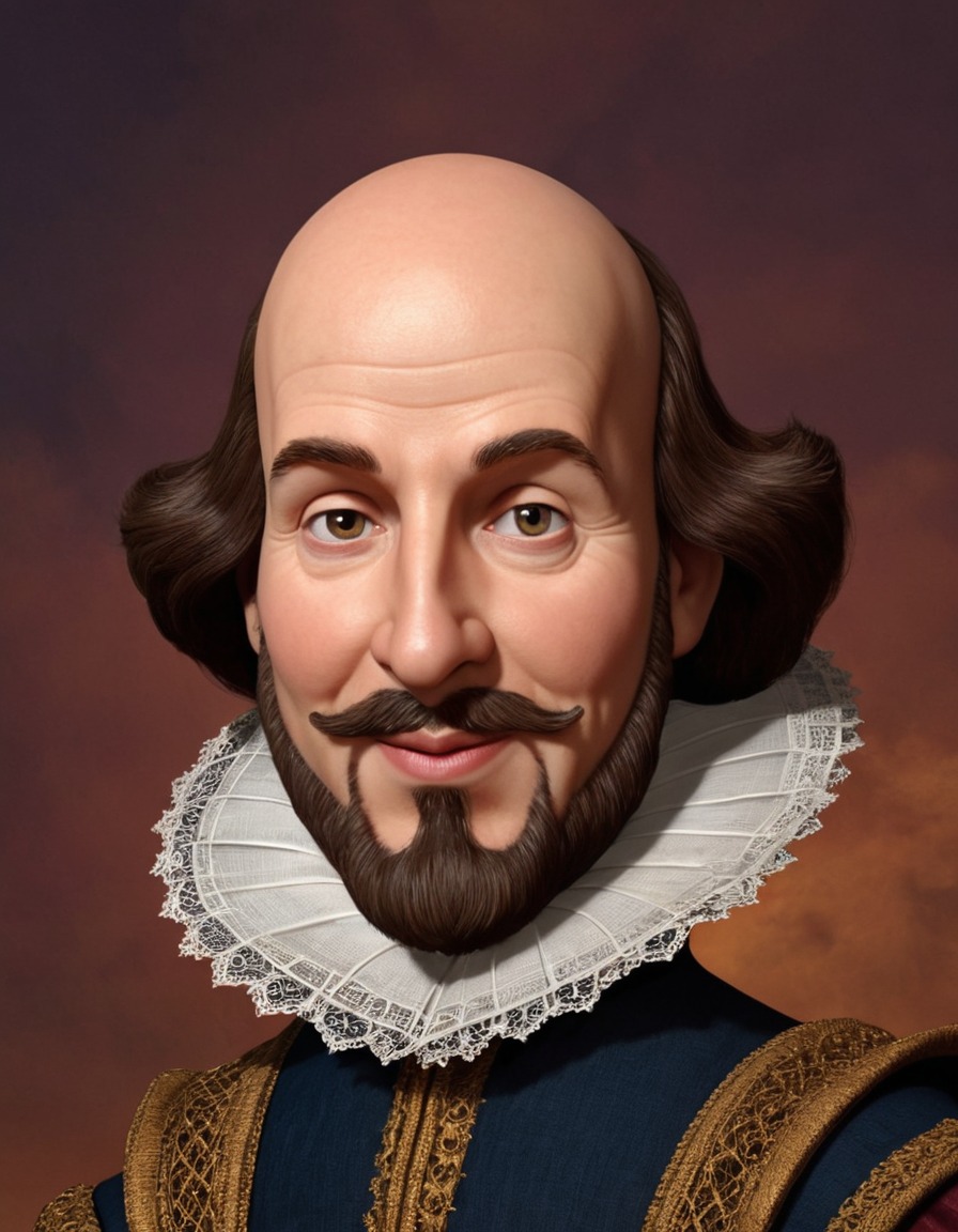 caricature, william shakespeare, comedy, exaggerated features, funny