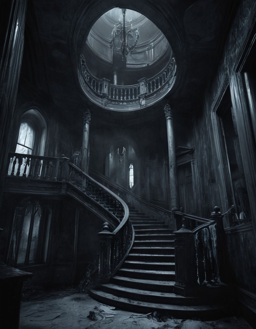 ghost, apparition, gothic, mansion, staircase, haunting, underground, dark