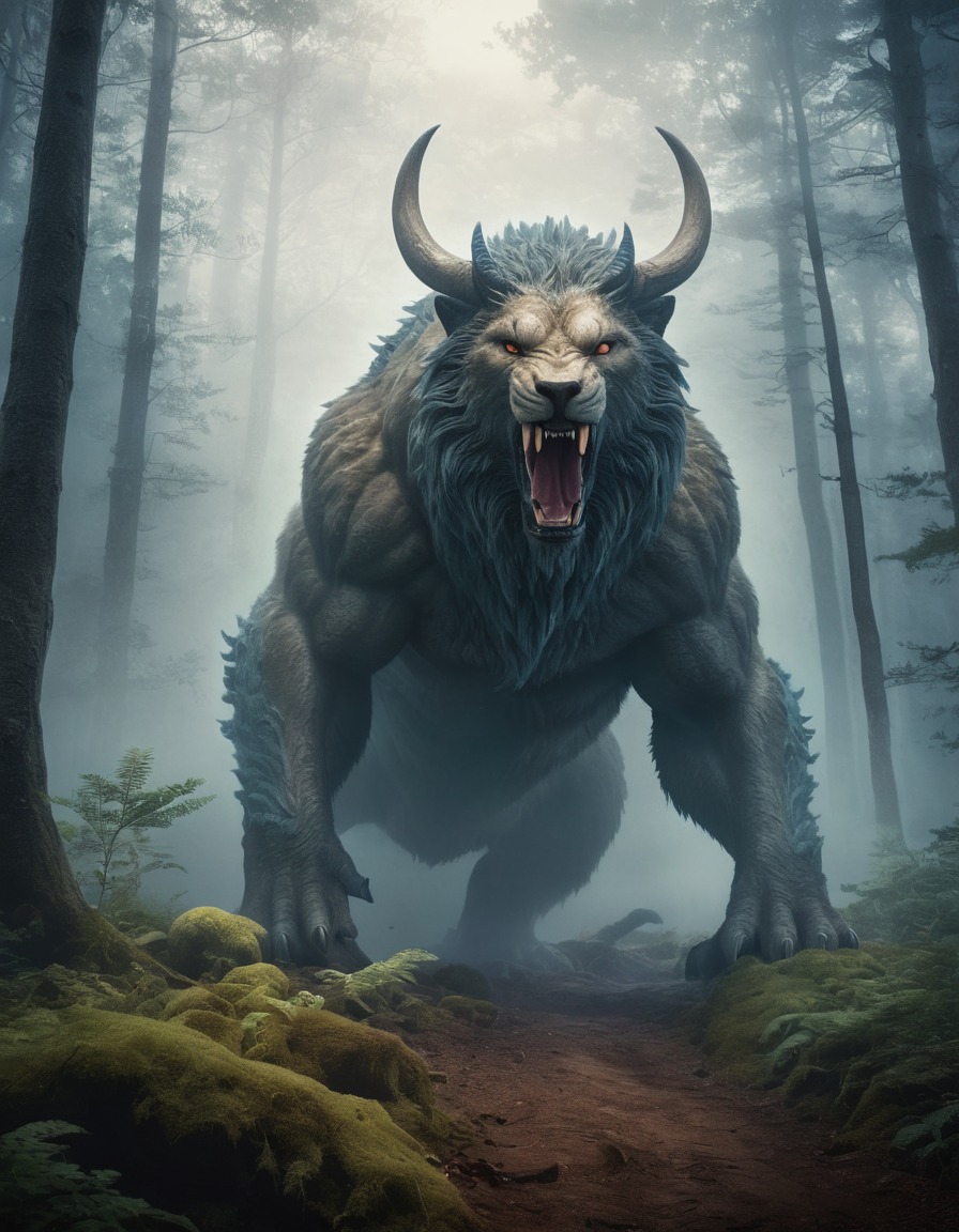 questing beast, mystical, foggy, forest, legend