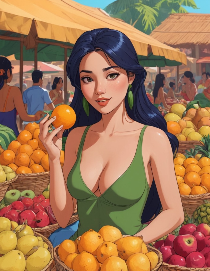 girl, marketplace, fruits, tasting