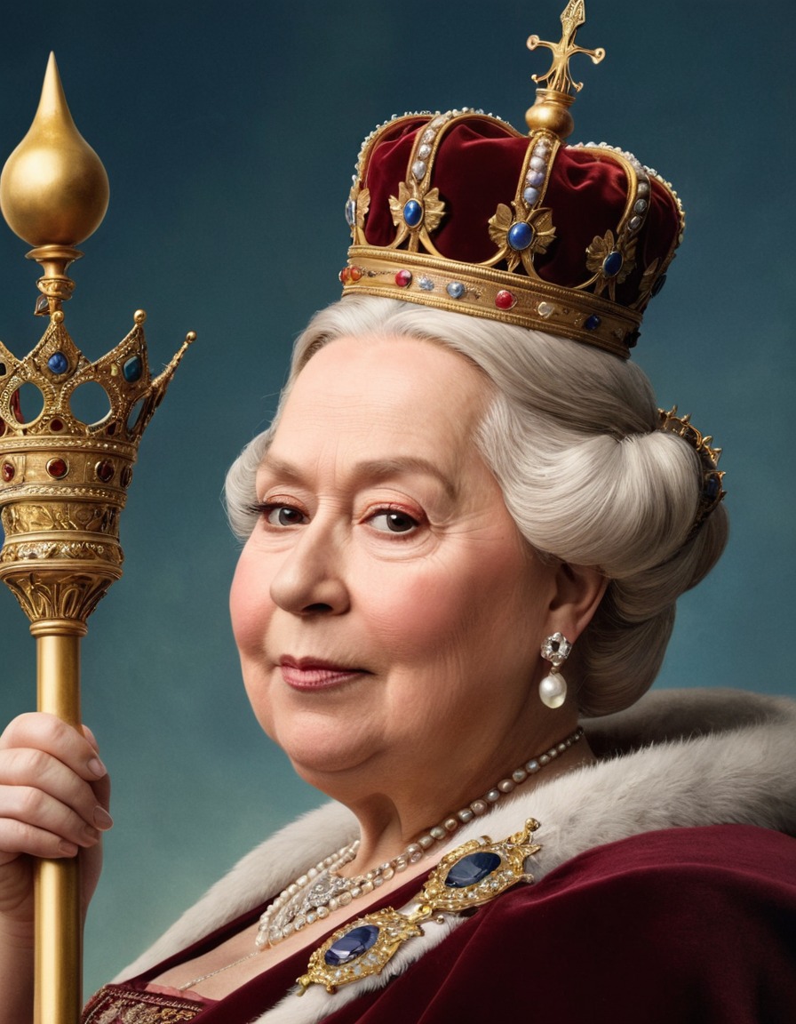 queen victoria, caricature, oversized crown, scepter, exaggerated, facial features, funny