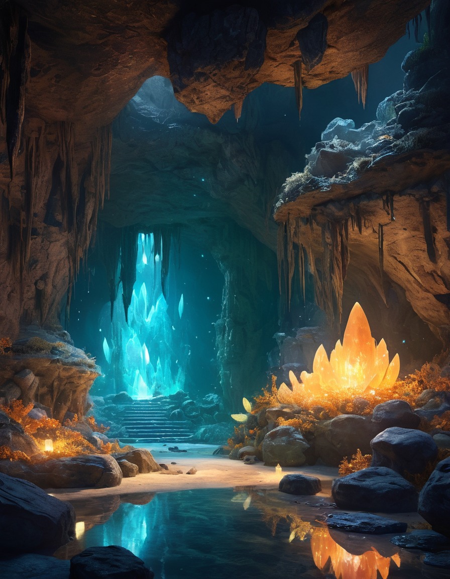 cave, crystals, ancient creatures, fantastic