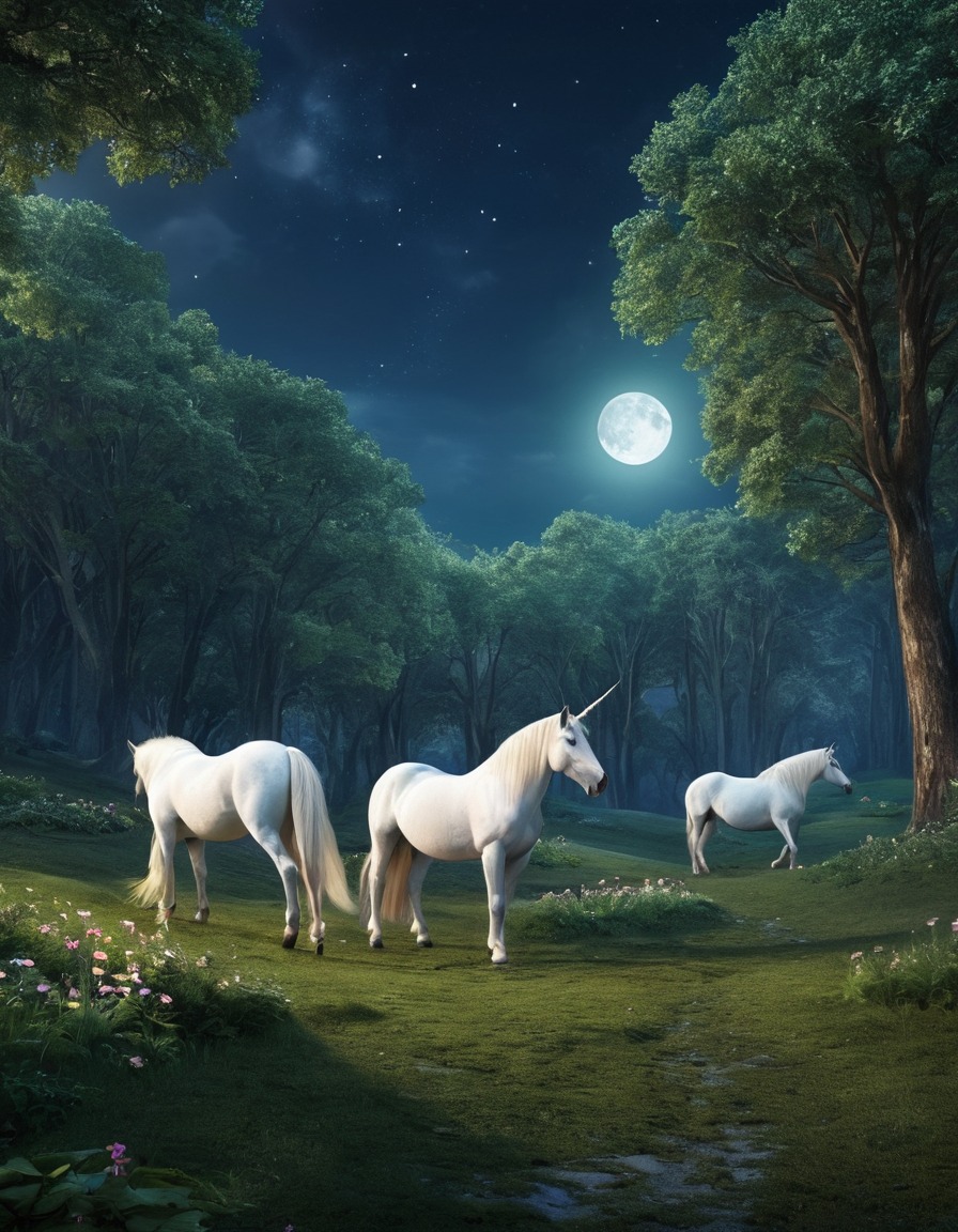 forest glade, unicorns, moonlight, peaceful, fantasy, magical creatures