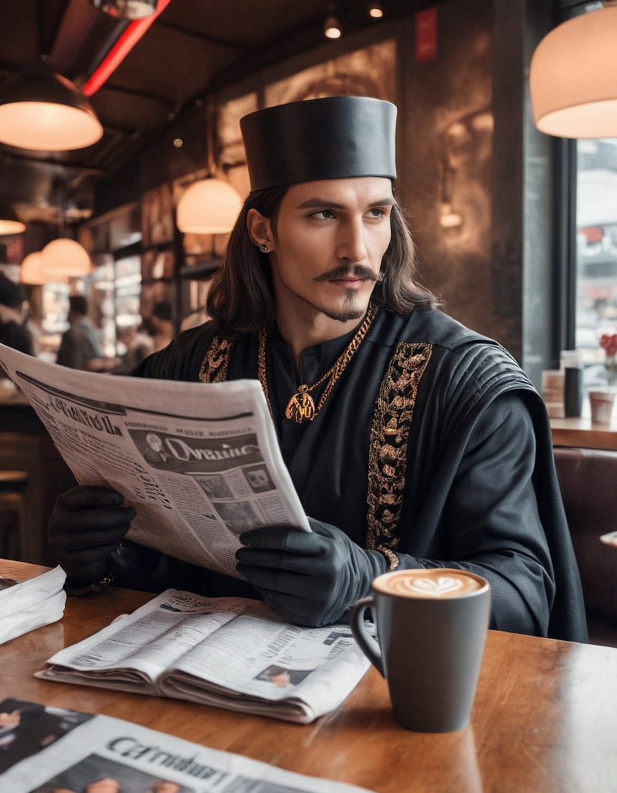 vlad the impaler, modern fashion, streetwear, coffee shop, newspaper, historical figure