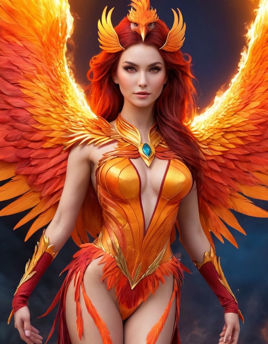 phoenix, birdwoman, rebirth, passion, mythical creature, vibrant plumage, mesmerizing presence