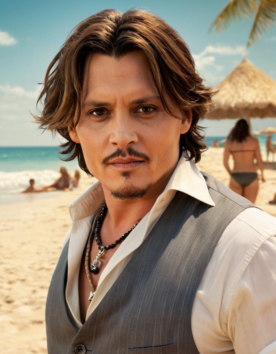 johnny depp, portrait, stylized, beach, actor