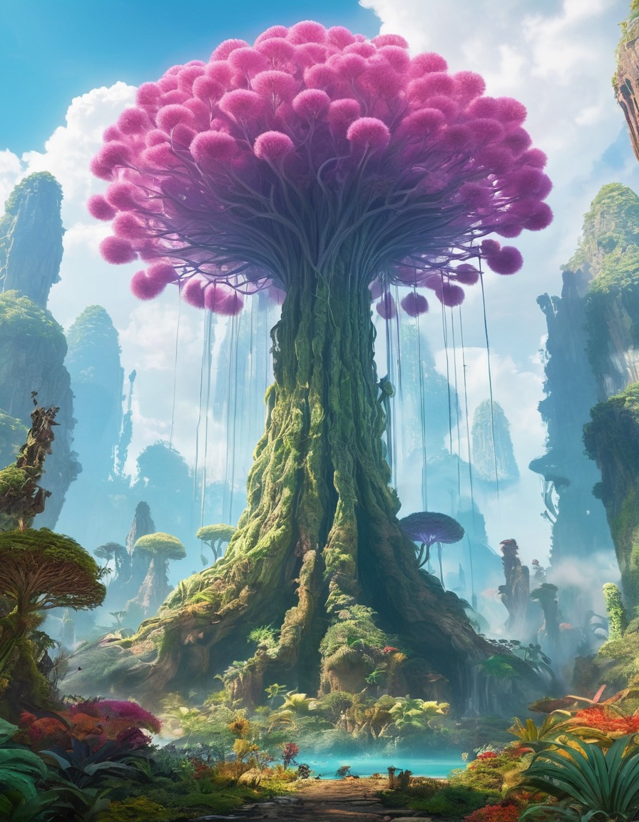 gigantic plants, otherworldly, colorful gases, fantasy landscape, extraterrestrial, aliens